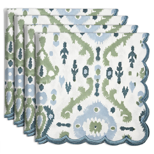Coastal Ikat Blue and Sage Green Embroidery Napkins Ridhi Block Print