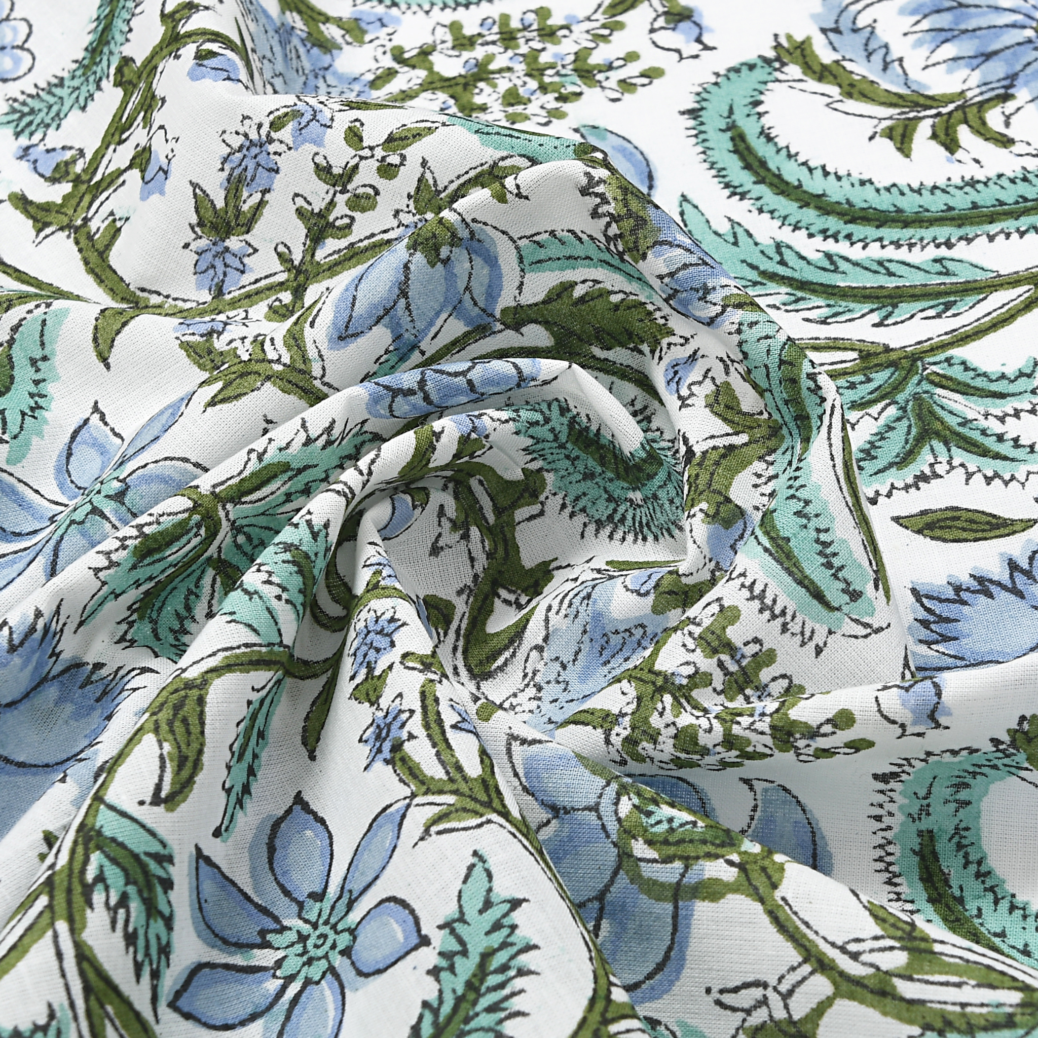 Close-up of floral fabric with blue and green patterns on a white background