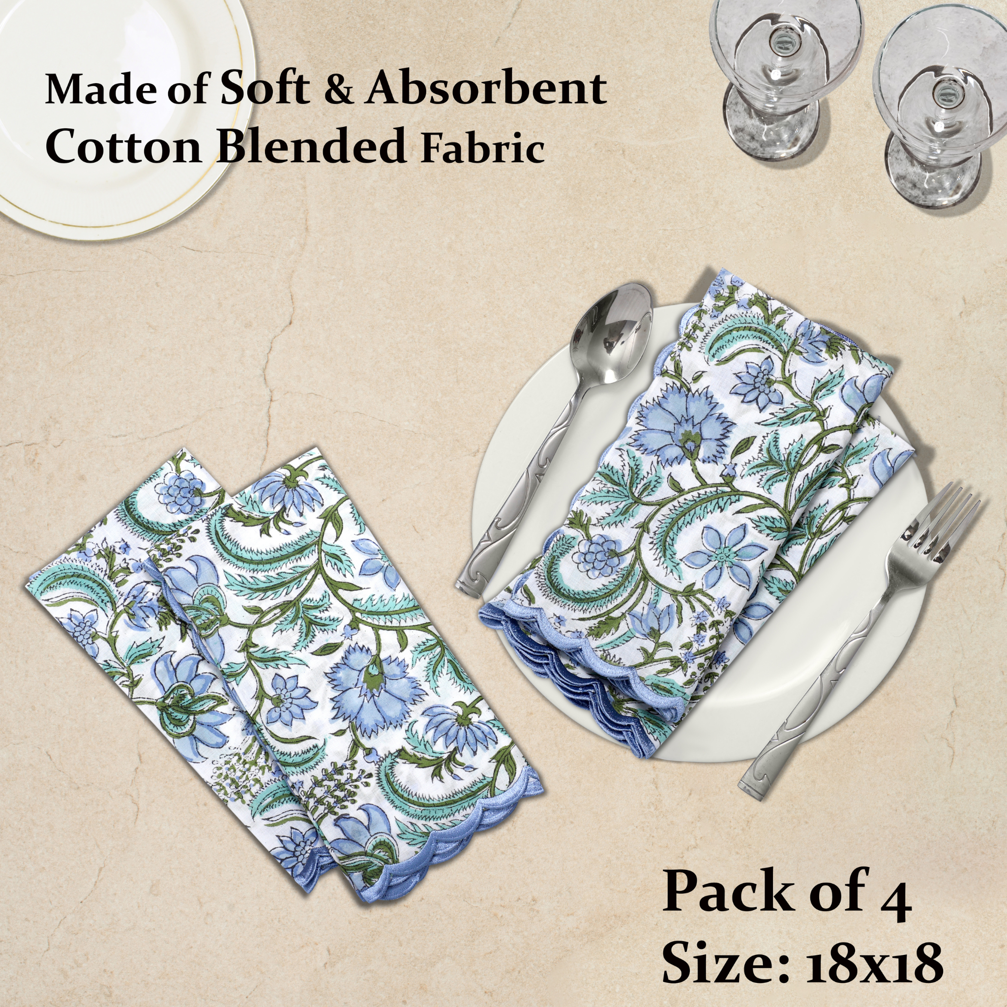 Floral patterned napkins on a beige surface with cutlery and text about fabric type and size.