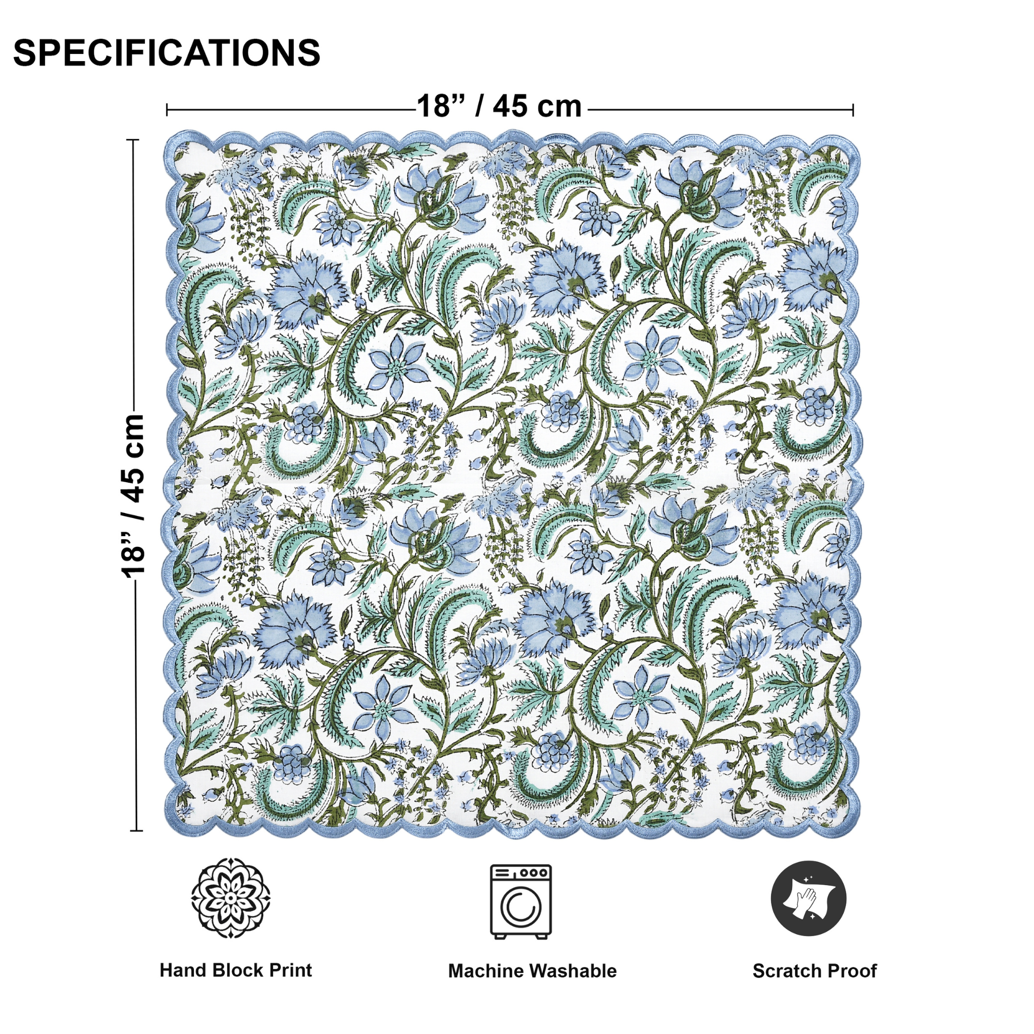 Floral patterned fabric with dimensions and features on a white background