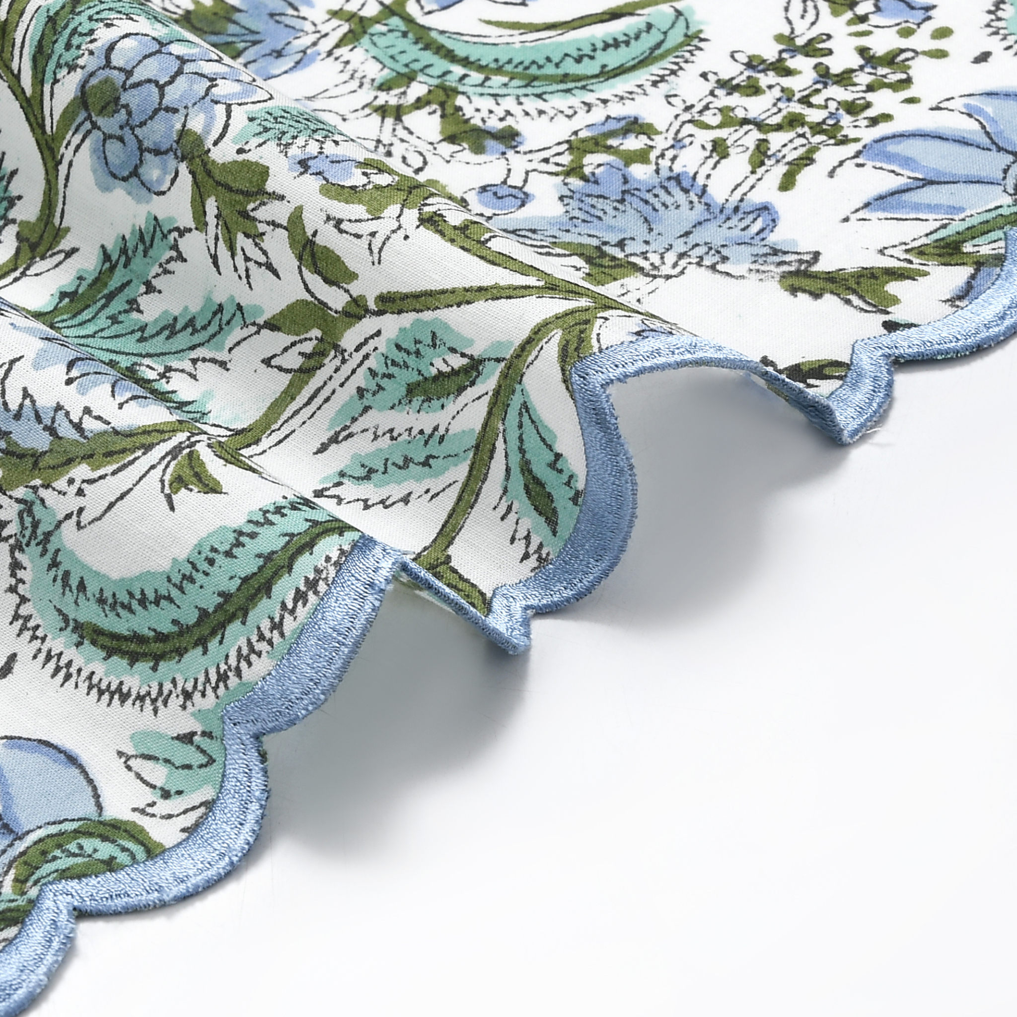 Floral patterned fabric with blue and green accents on a white background