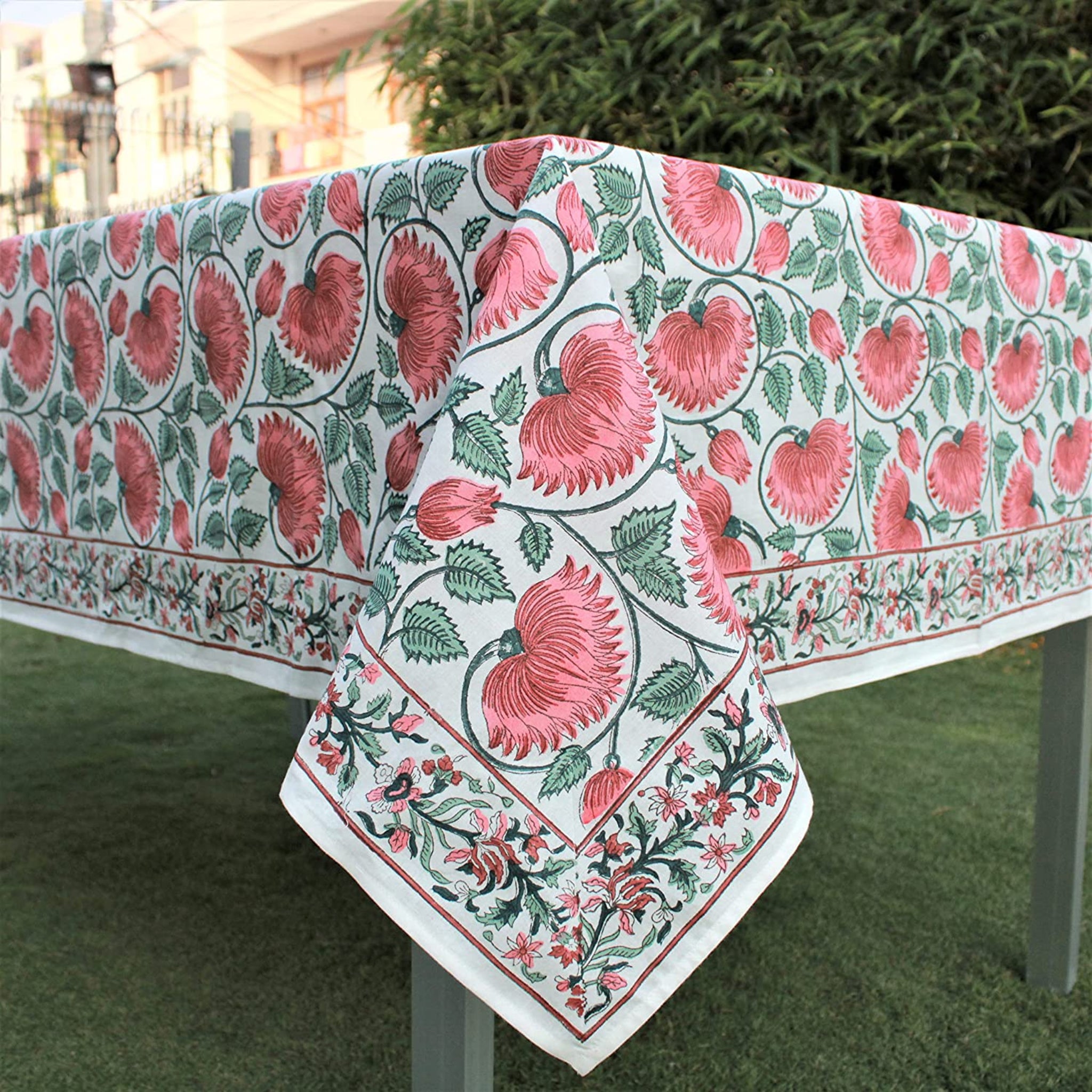Floral patterned tablecloth on a table outdoors