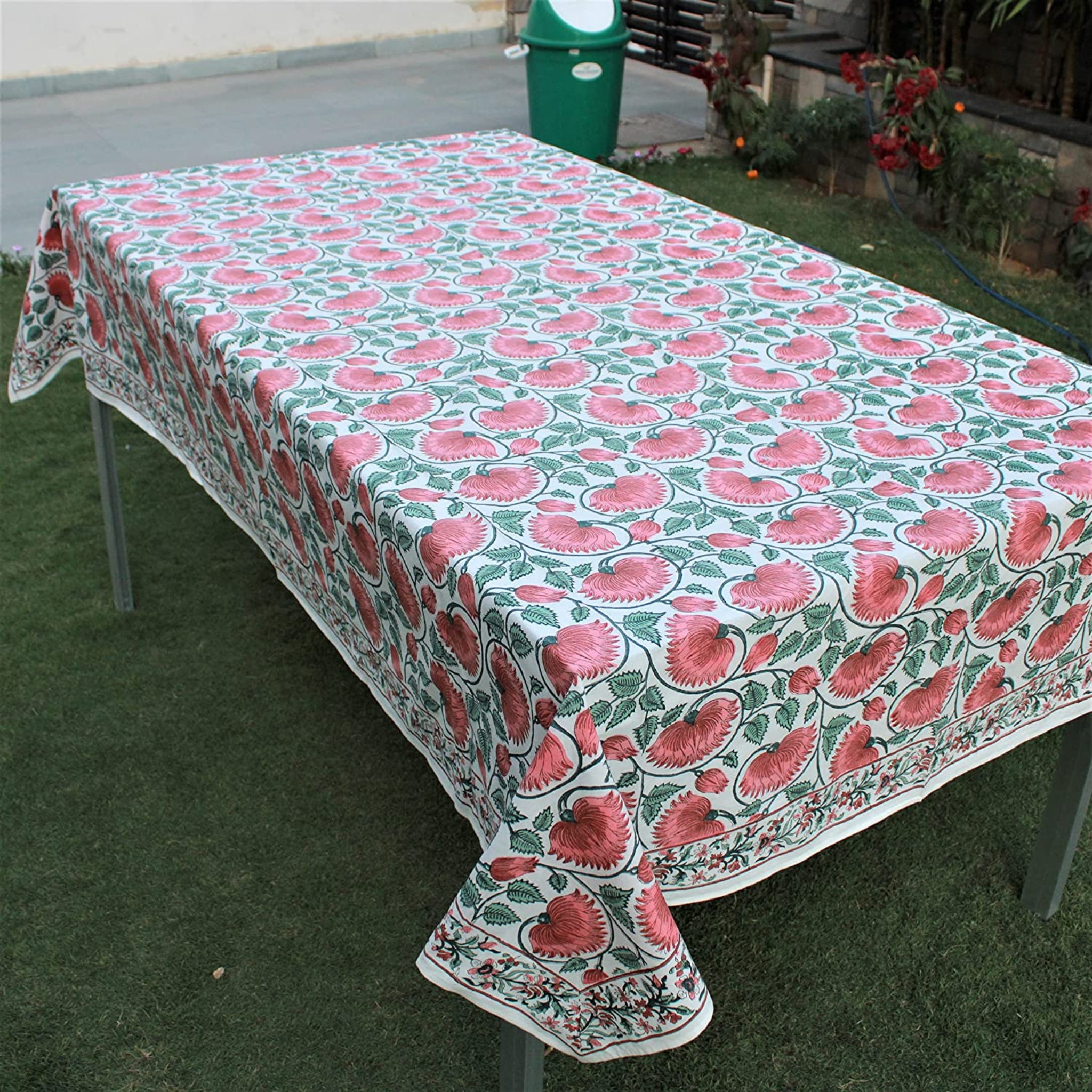 Floral patterned tablecloth on a table outdoors
