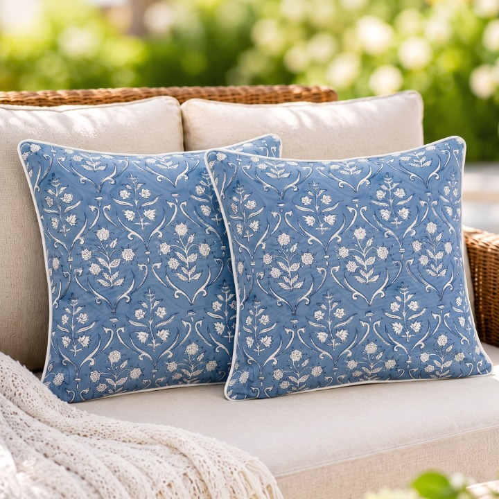 Cornflower Blue Piping Pillow Cover Ridhi Block Print