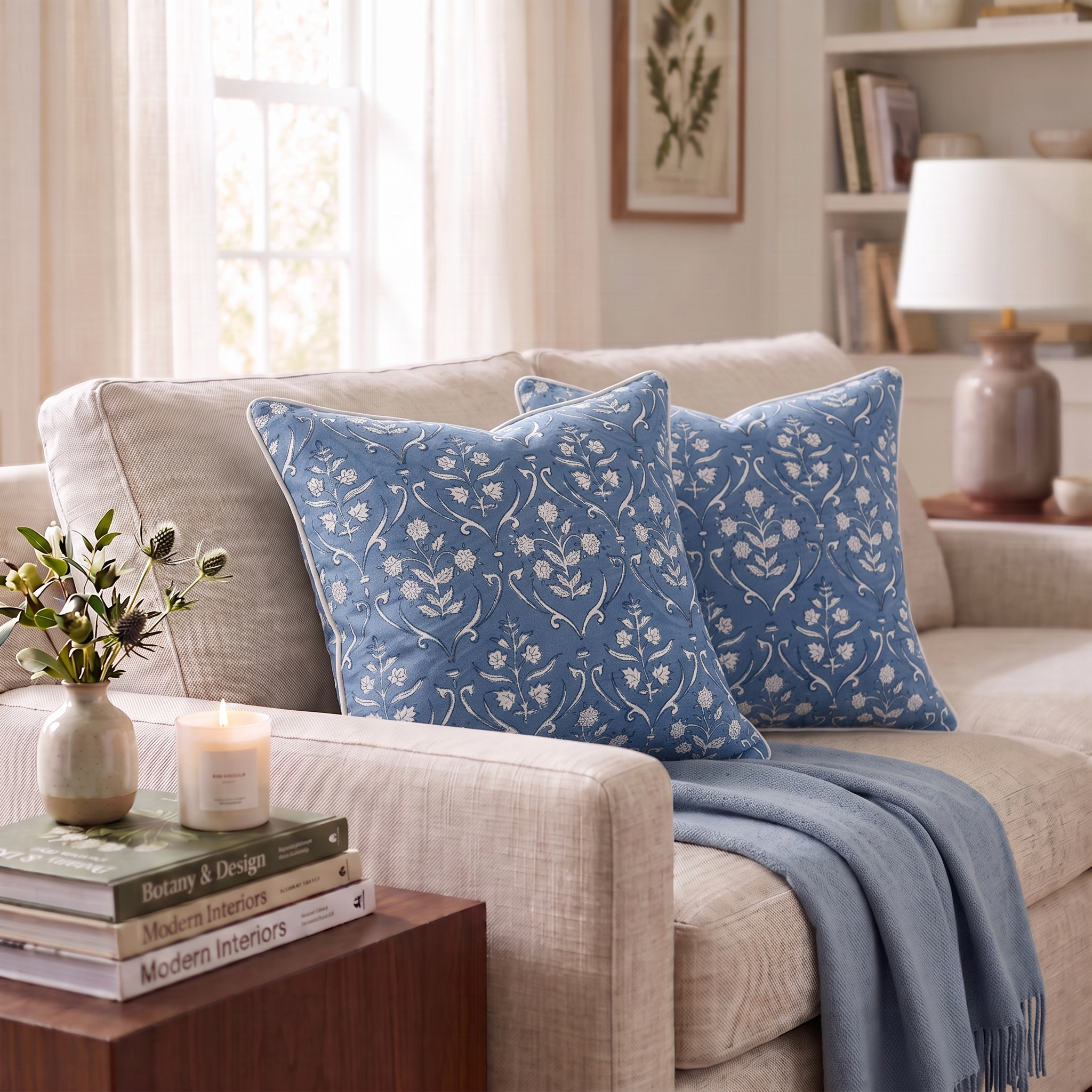 Cornflower Blue Piping Pillow Cover Ridhi Block Print