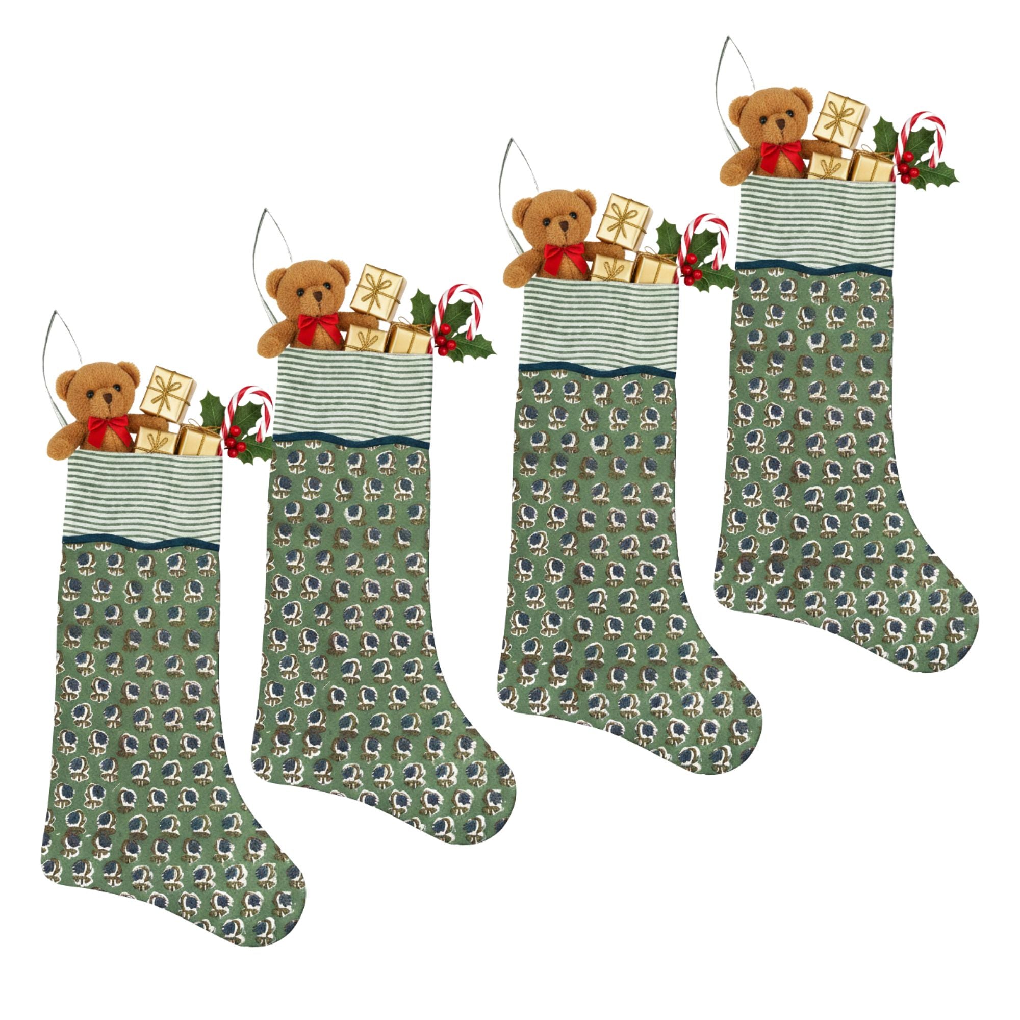 Three green Christmas stockings with teddy bears and presents on a white background