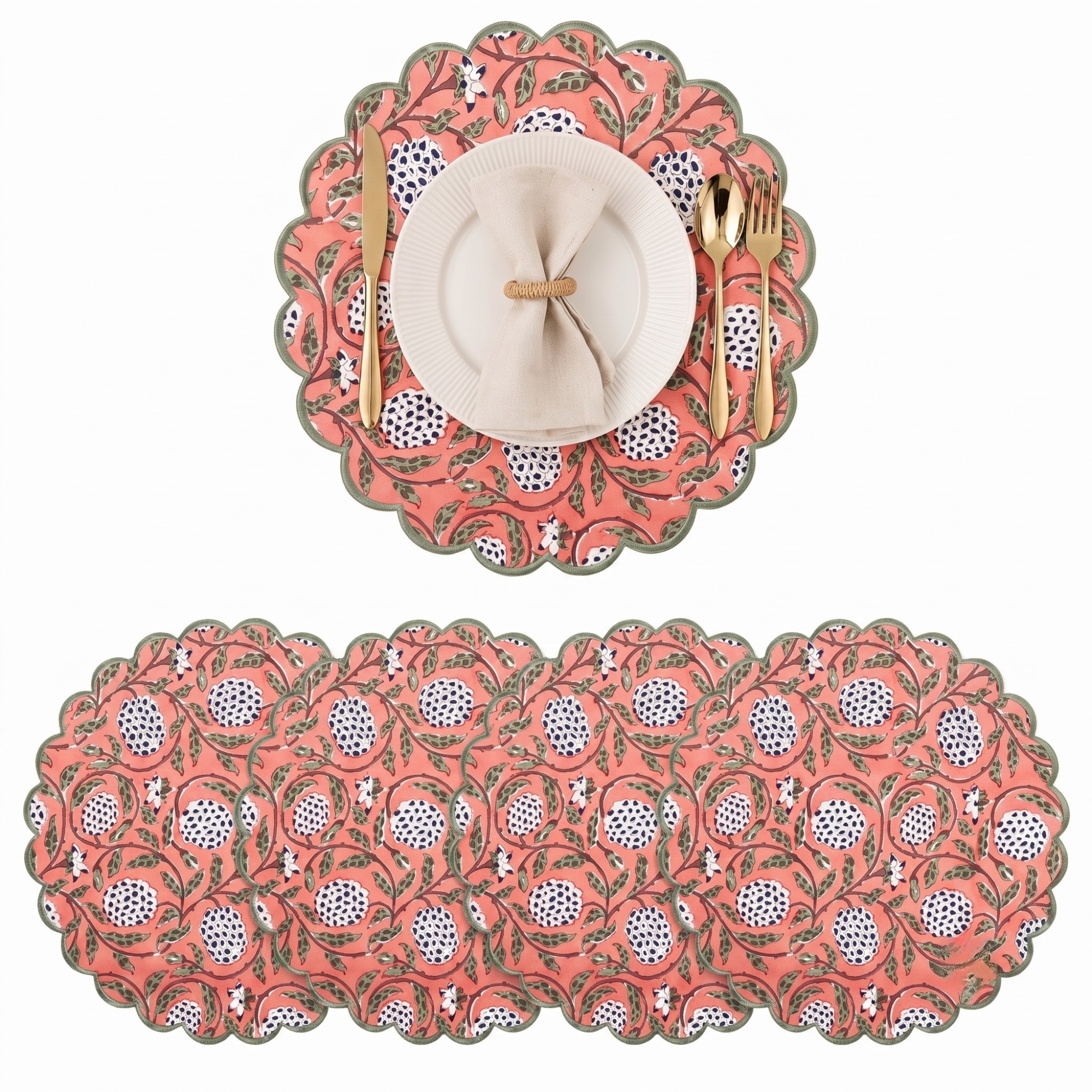 Dark Salmon Round Placemat Ridhi Block Print