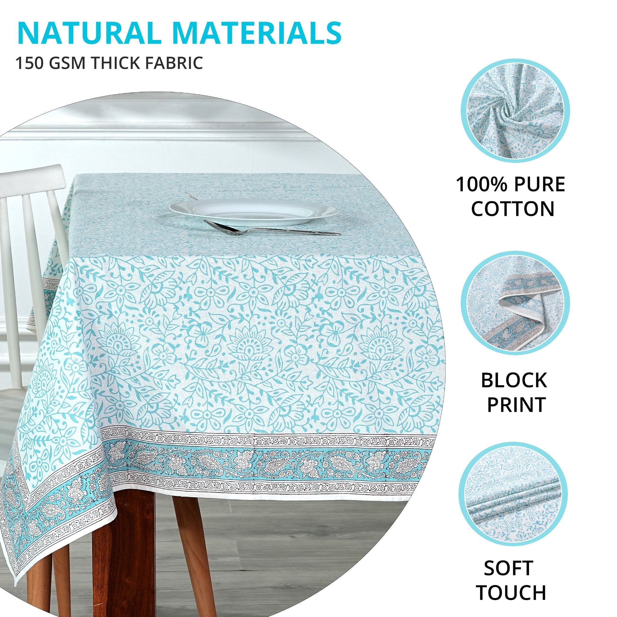 Tablecloth with floral pattern on a table, featuring text about natural materials and fabric properties.
