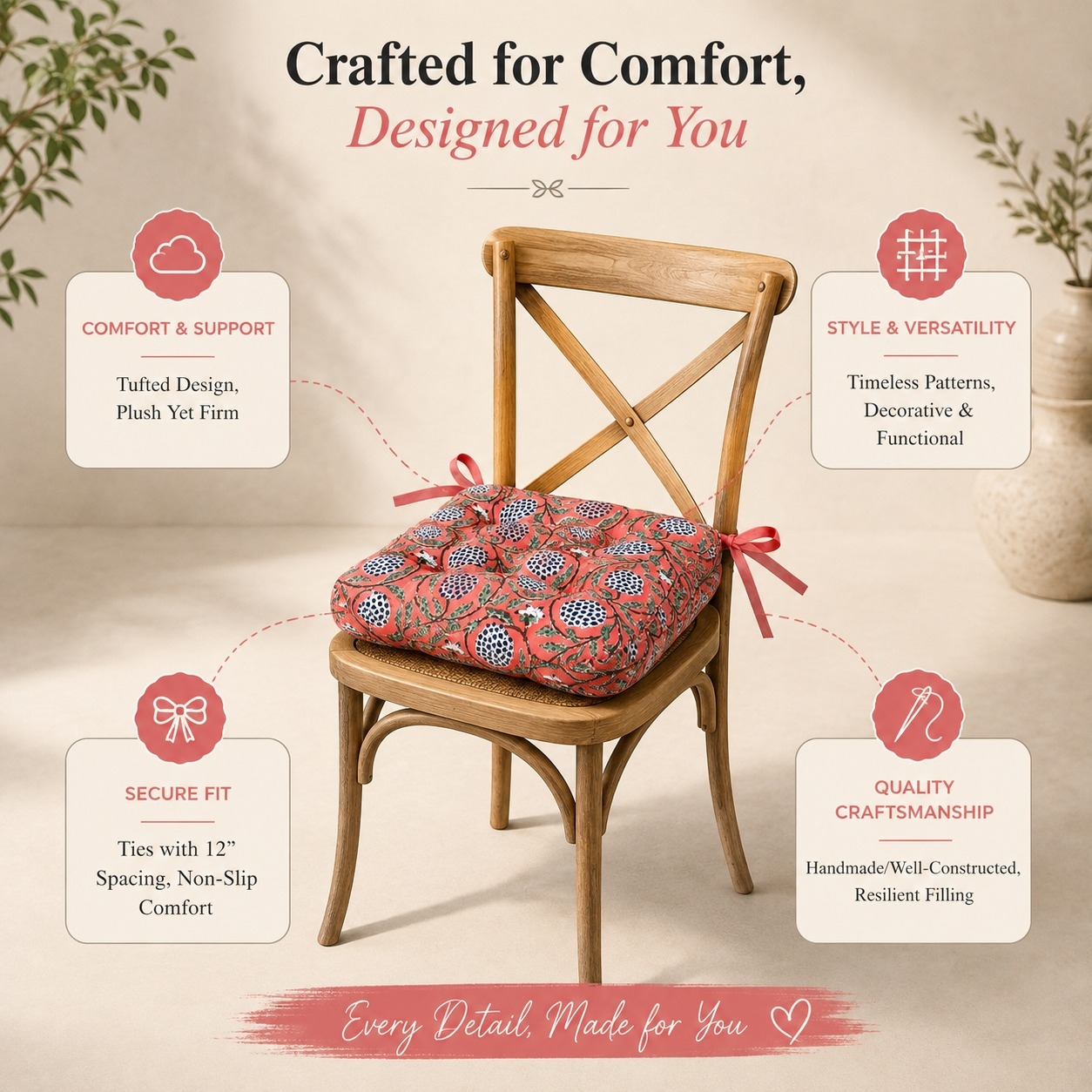 Dark Salmon Pink Chair Cushion Ridhi Block Print