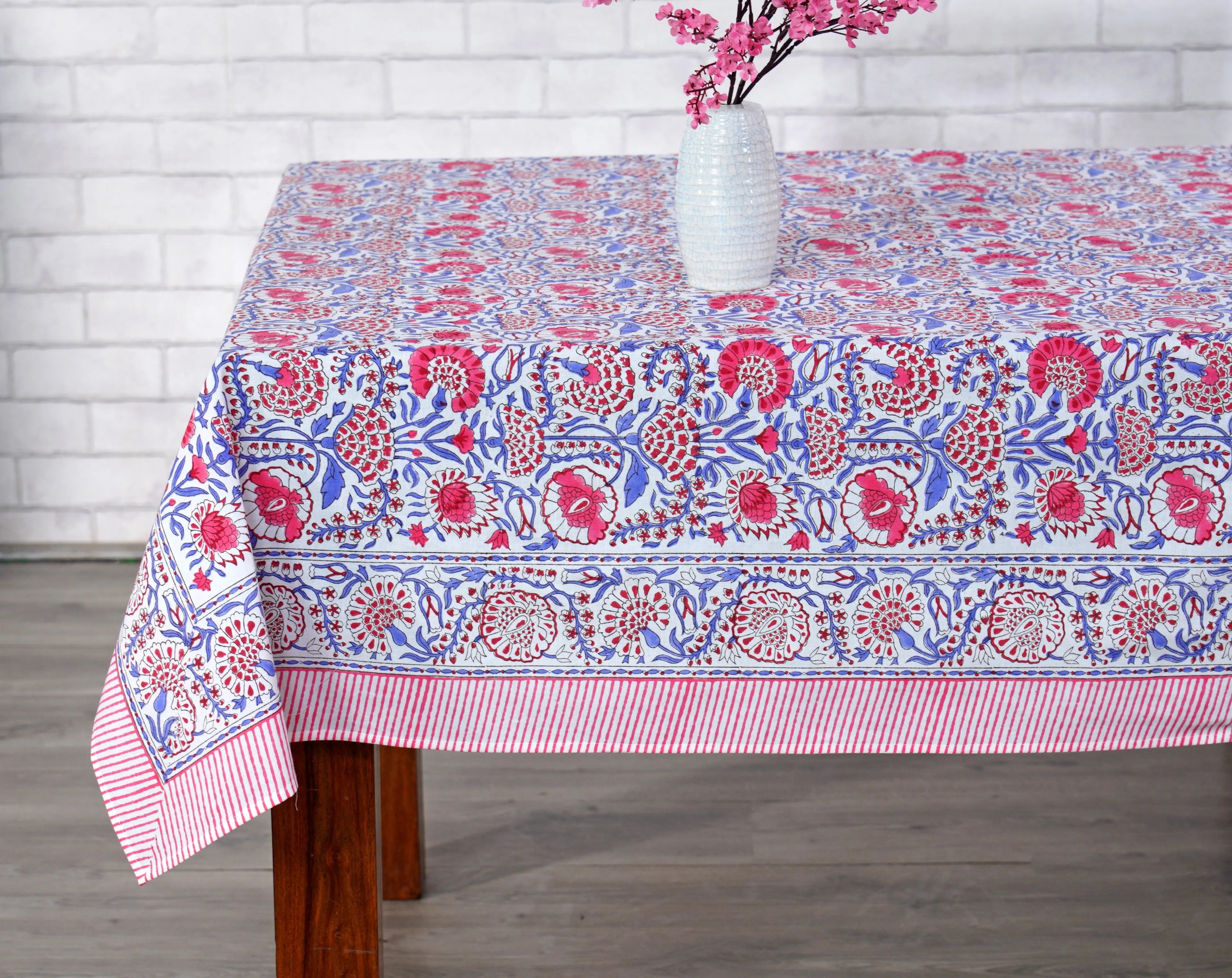 Pigeon Blue and Flamingo Pink Square Tablecloth Ridhi Block Print