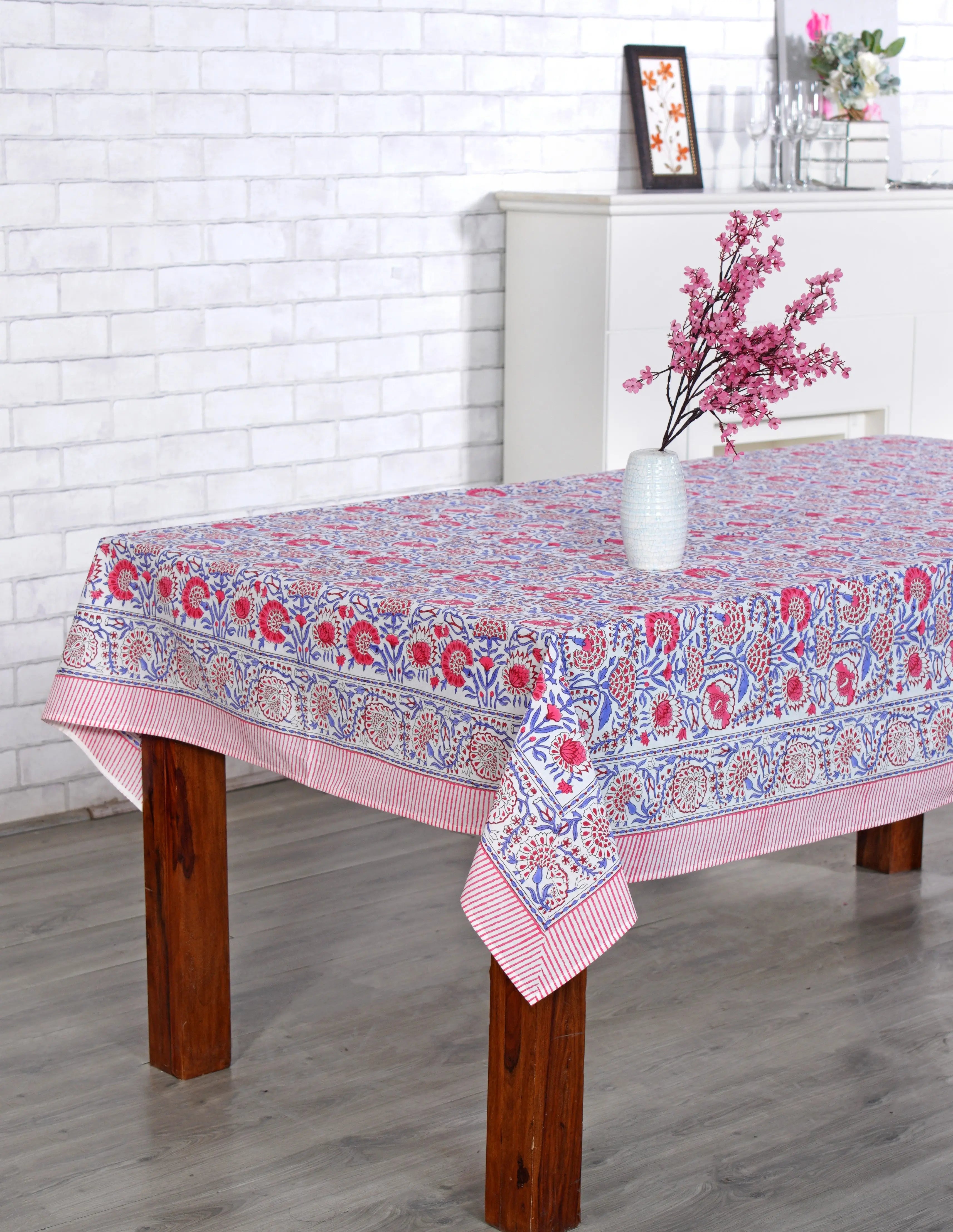 Pigeon Blue and Flamingo Pink Square Tablecloth Ridhi Block Print