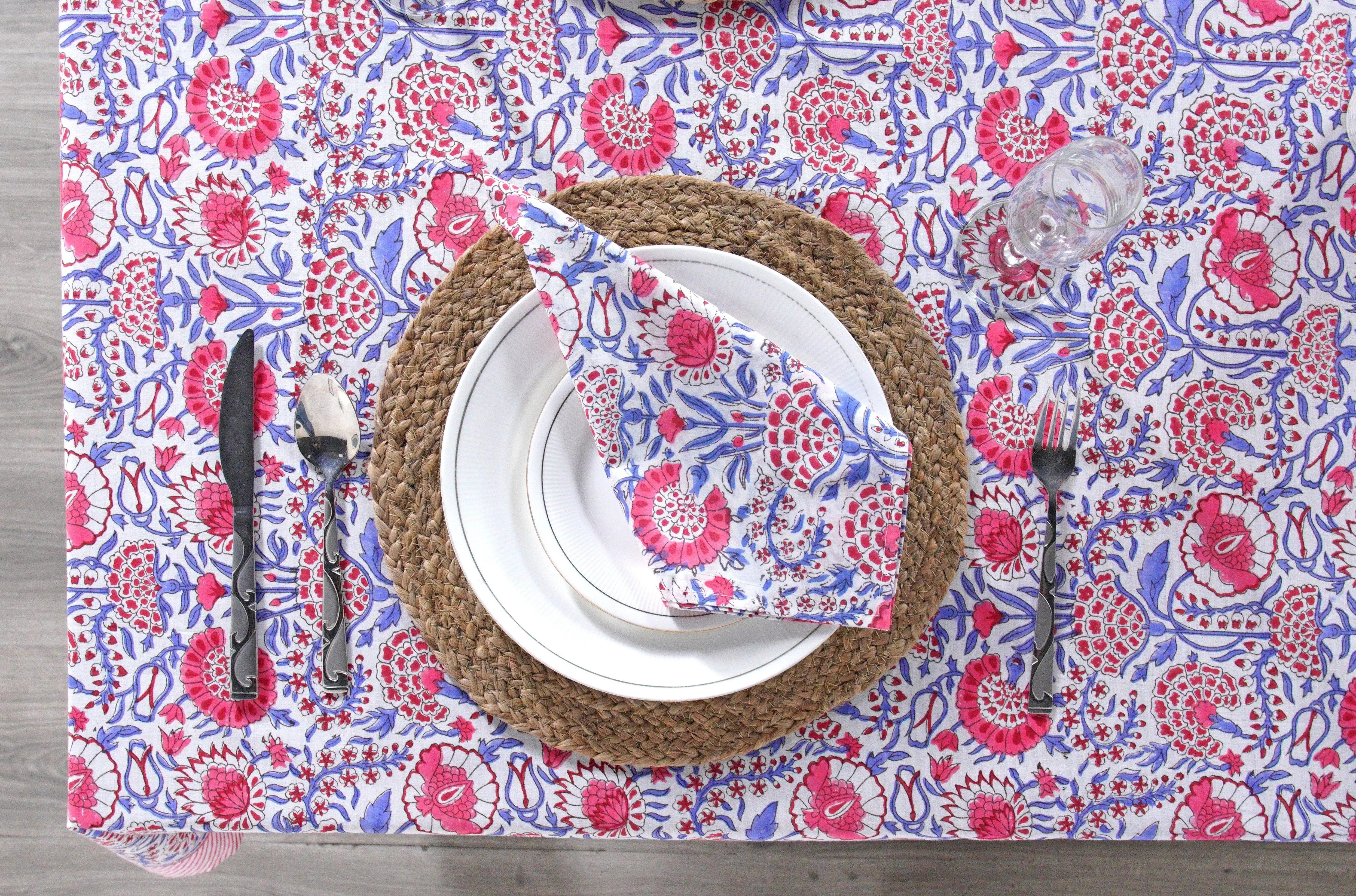 Pigeon Blue and Flamingo Pink Square Tablecloth Ridhi Block Print