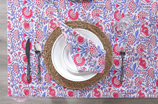 Pigeon Blue and Flamingo Pink Square Tablecloth Ridhi Block Print