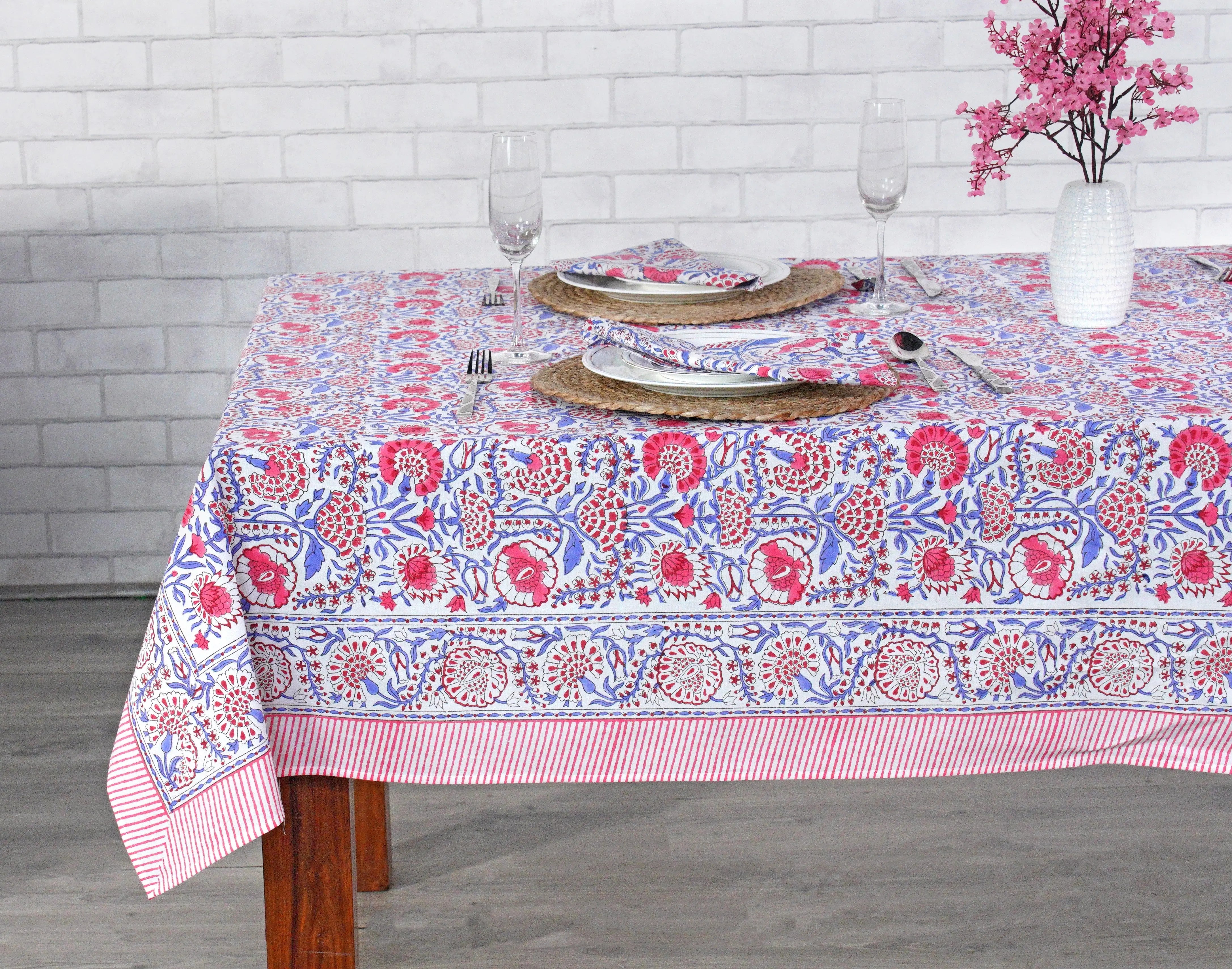 Pigeon Blue and Flamingo Pink Square Tablecloth Ridhi Block Print