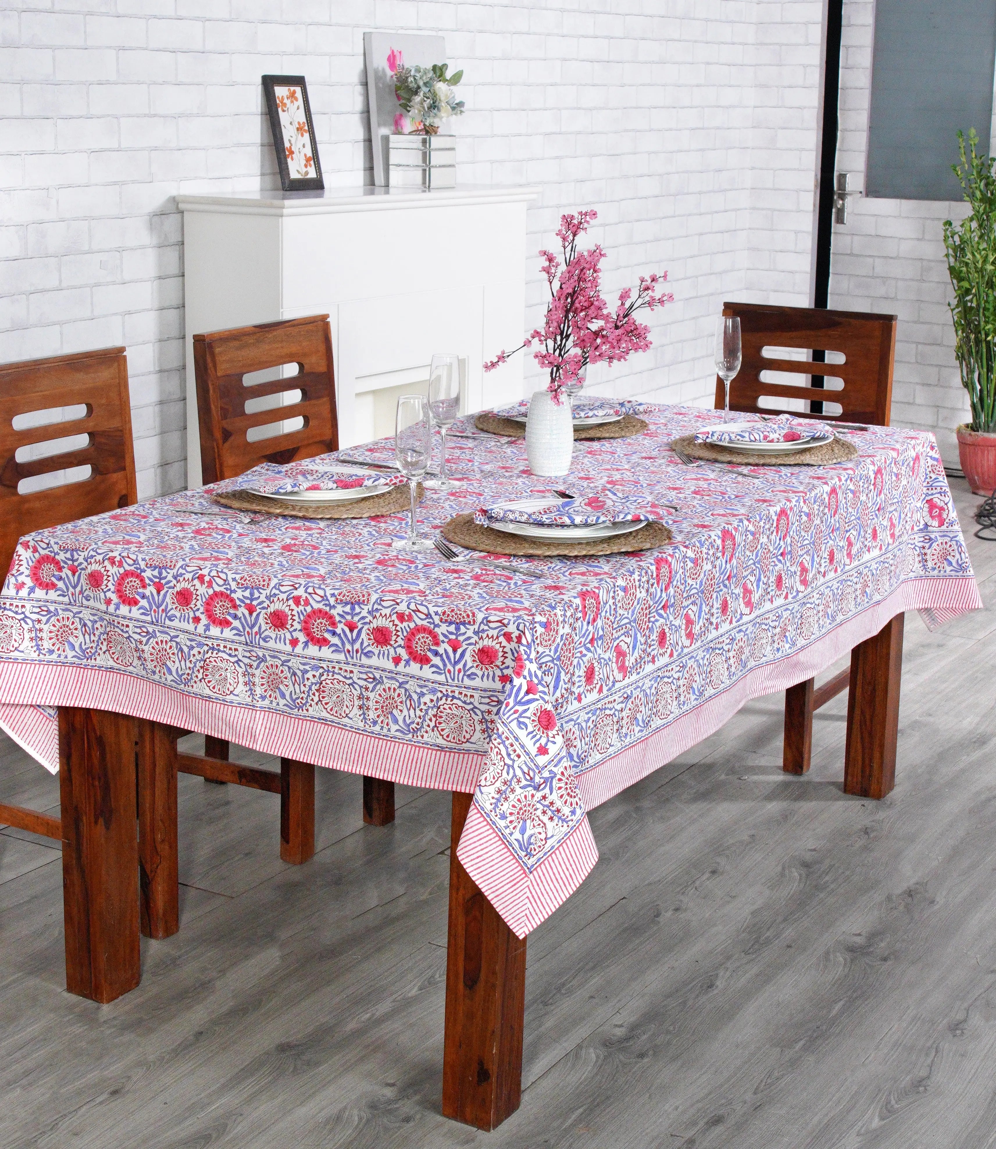 Pigeon Blue and Flamingo Pink Square Tablecloth Ridhi Block Print
