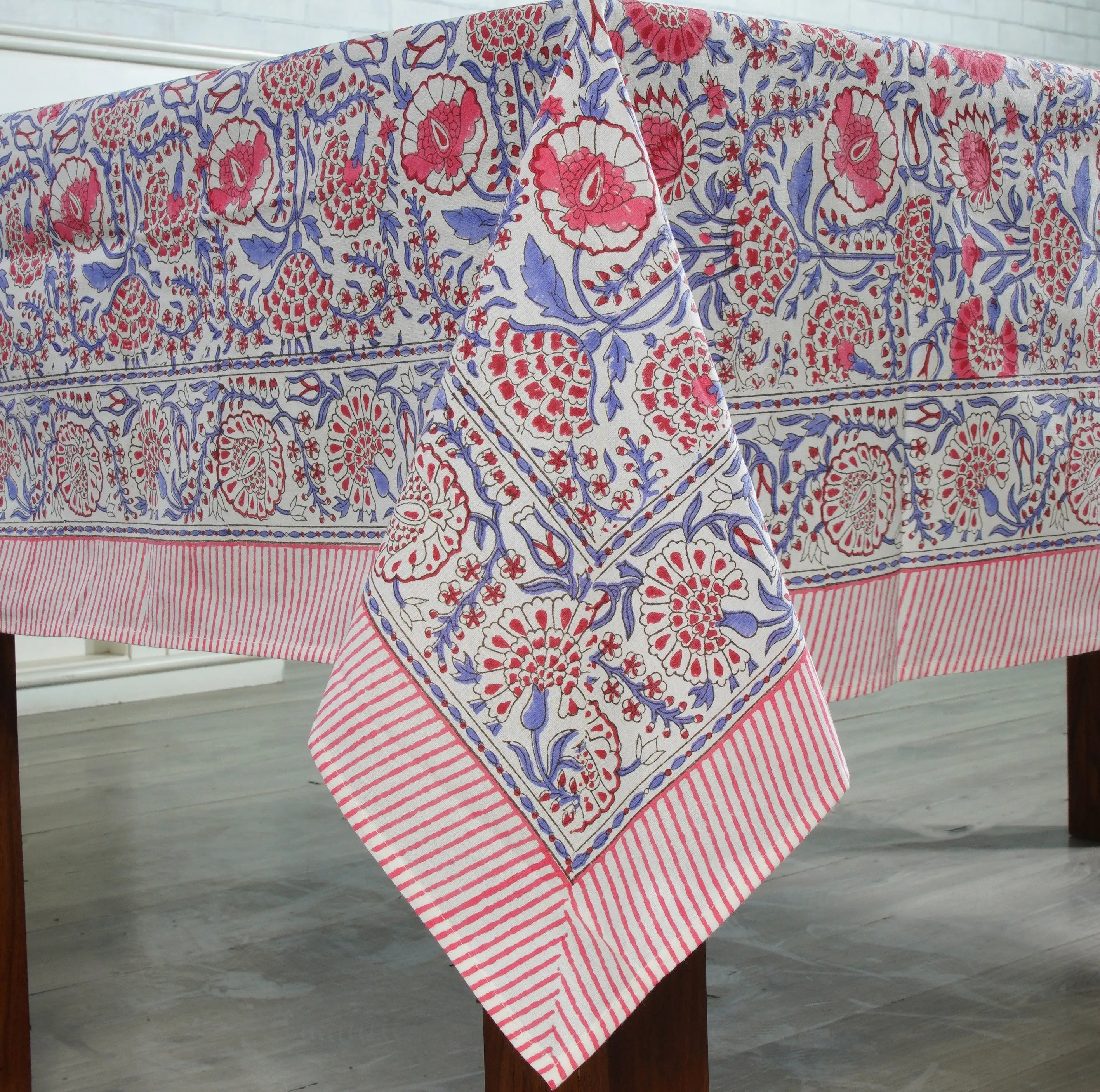Pigeon Blue and Flamingo Pink Square Tablecloth Ridhi Block Print