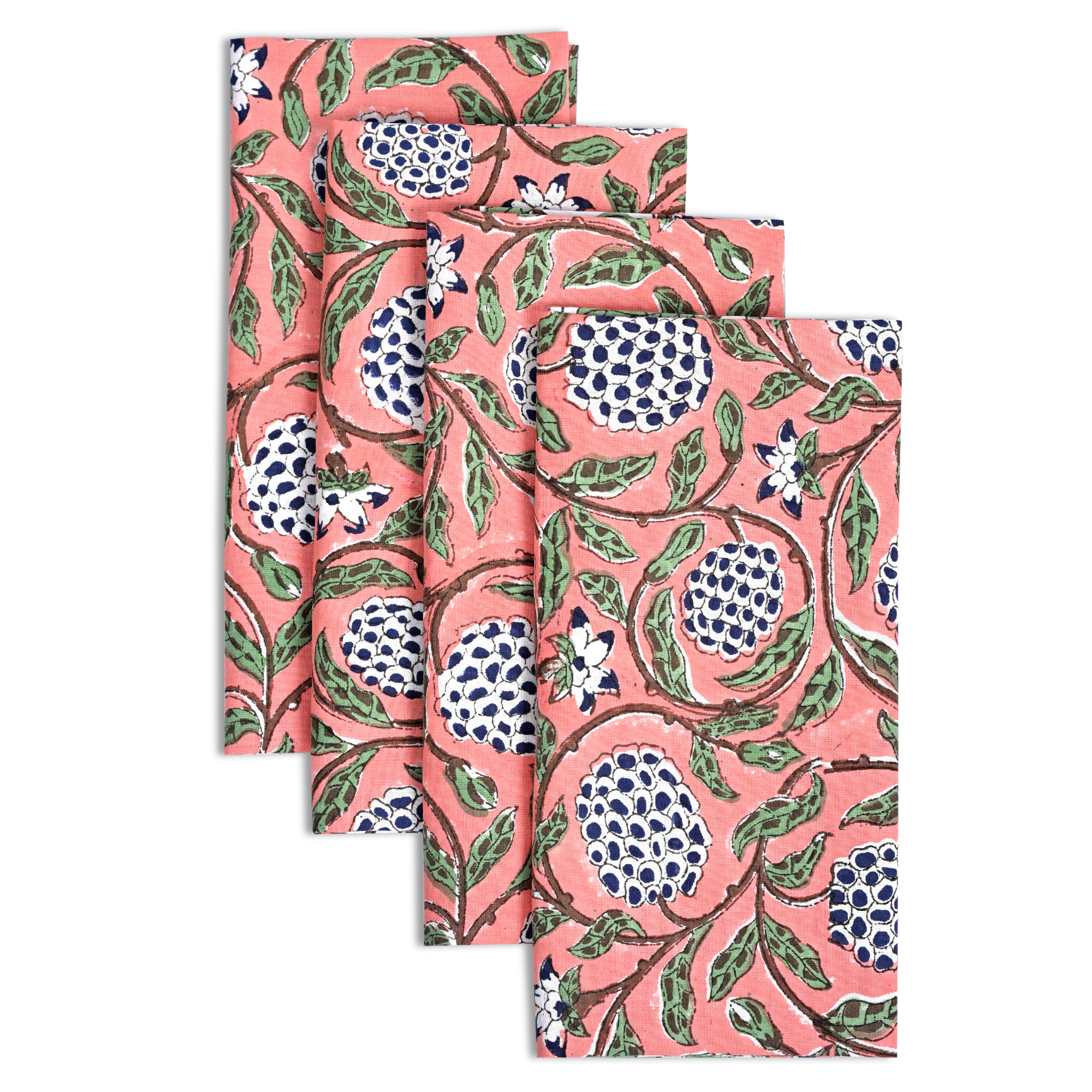 Set of four pink napkins with pomegranate pattern on a white background