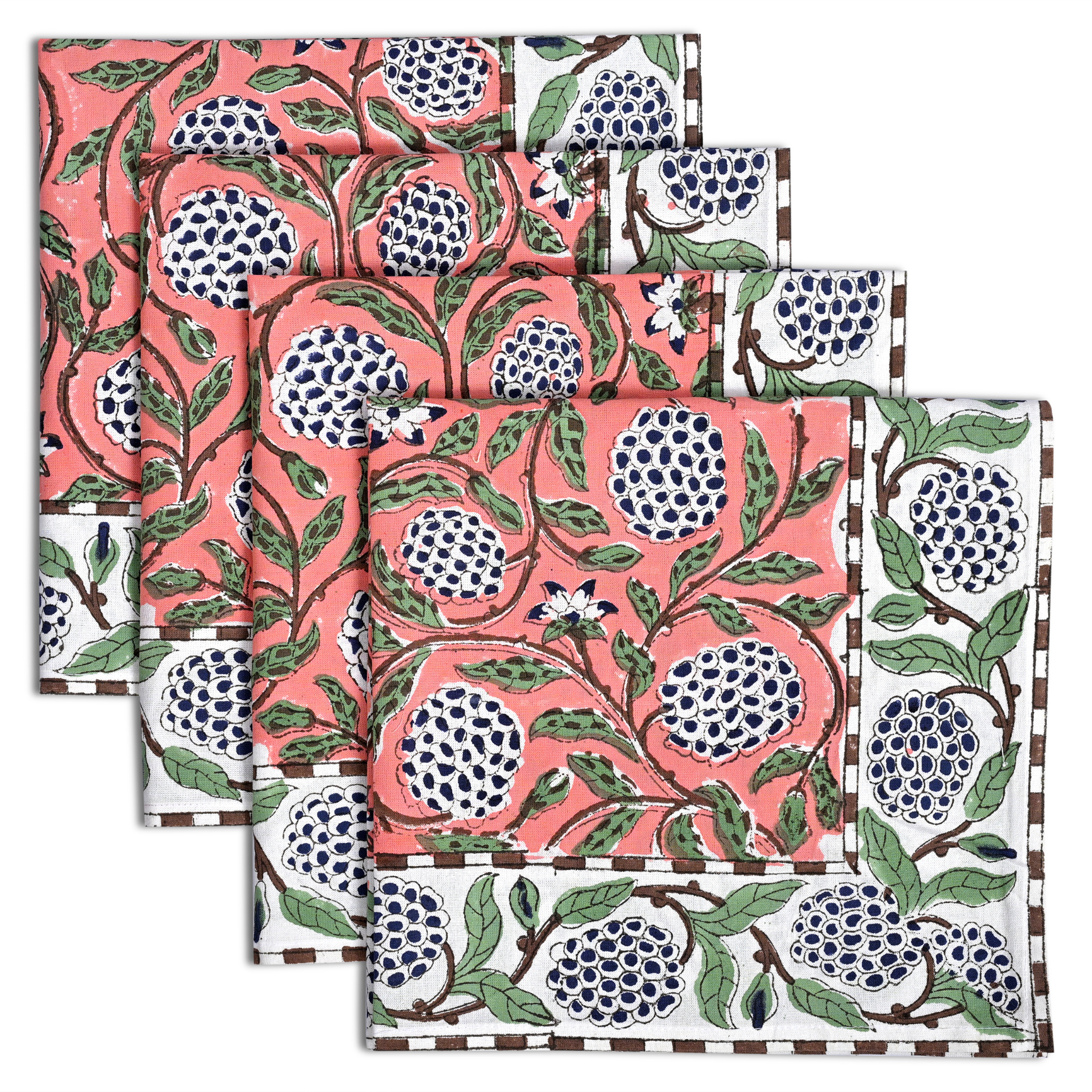 Set of three fabric swatches with a floral pattern featuring pomegranates on a white background.