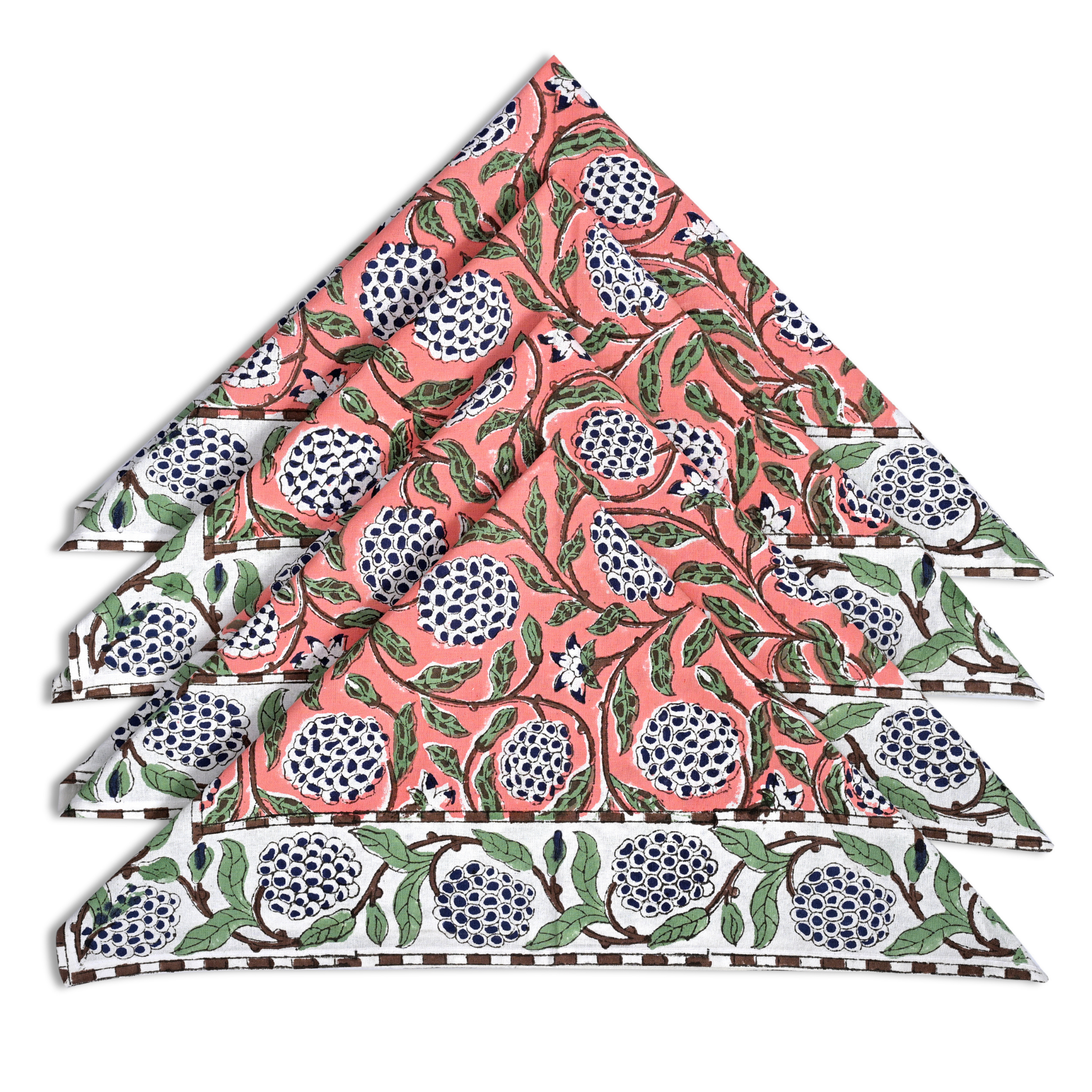 Set of four triangular coasters with pomegranate pattern on a white background
