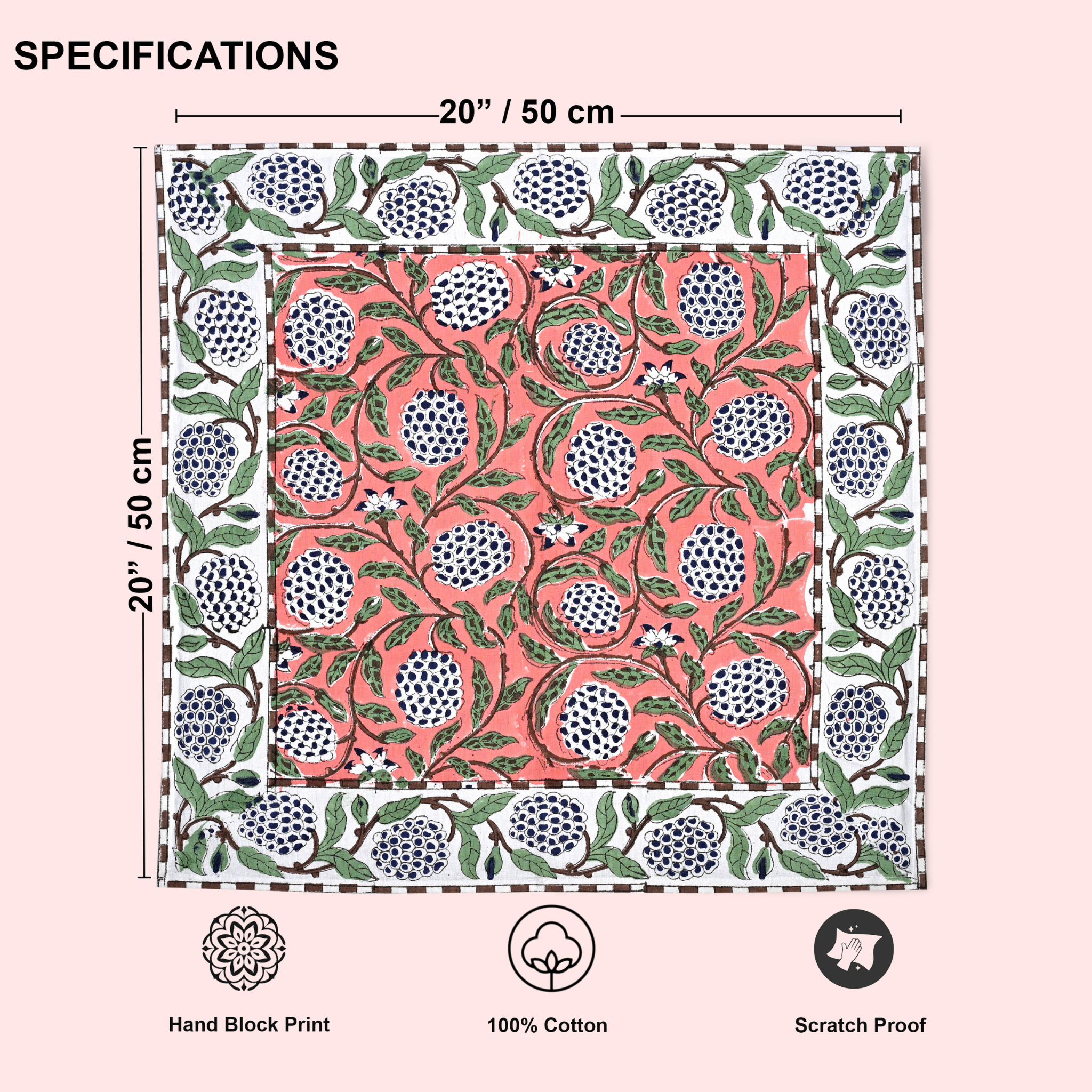Patterned fabric with dimensions and product features on a pink background
