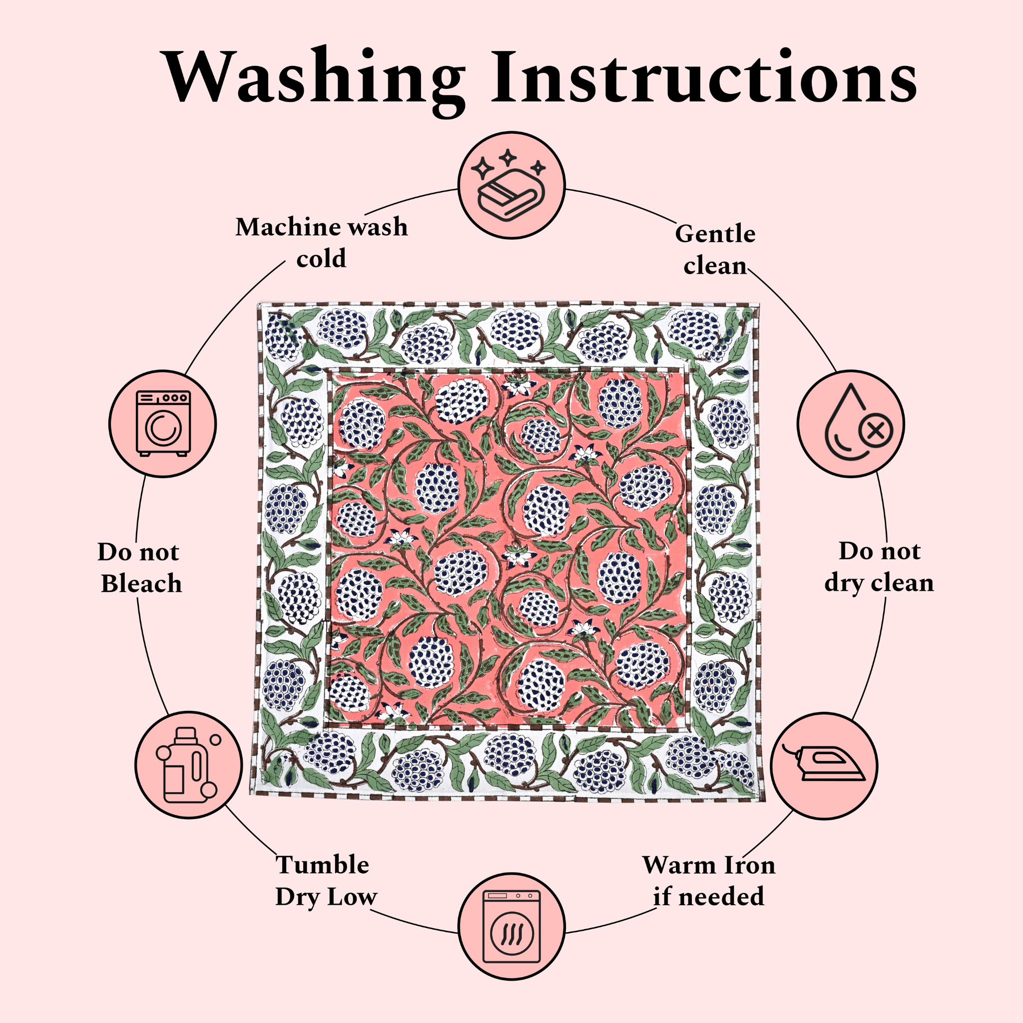 Washing instructions for a fabric product with icons and text on a pink background