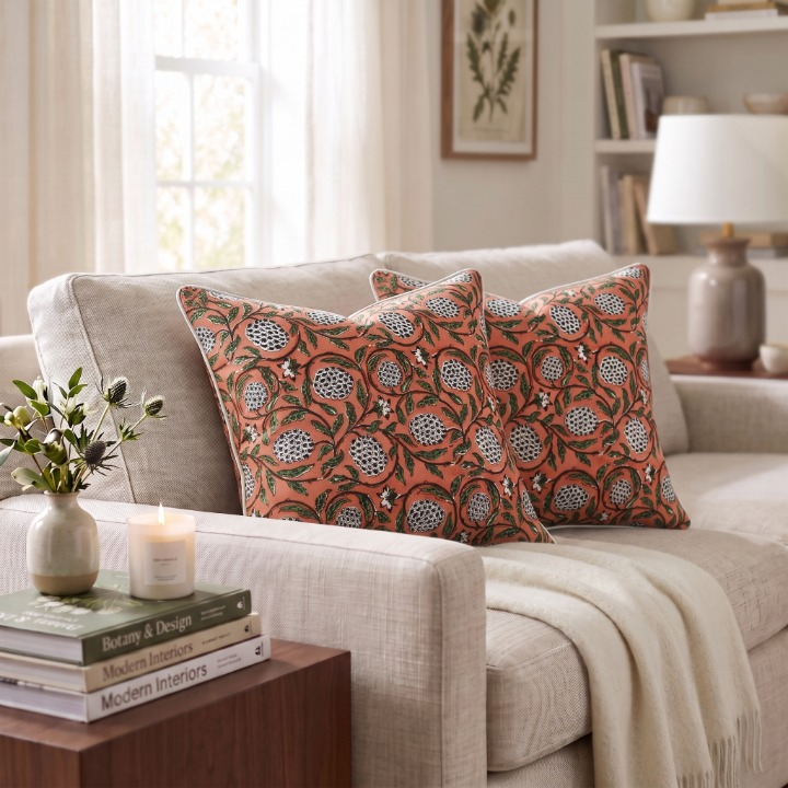 Dark Salmon Pink Piping Pillow Cover Ridhi Block Print