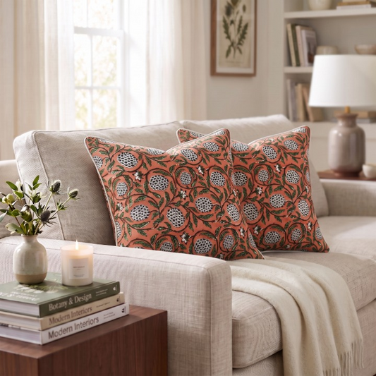Dark Salmon Pink Piping Pillow Cover Ridhi Block Print