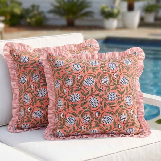 Dark Salmon Pink Ruffle Pillow Cover Ridhi Block Print
