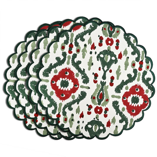 Evergreen Ikat & Red Round Placemats Ridhi Block Print