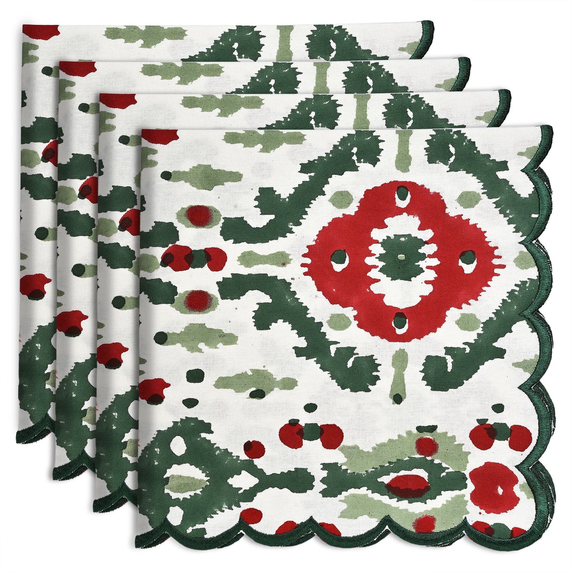Evergreen Ikat & Red Embroidery Napkins Ridhi Block Print