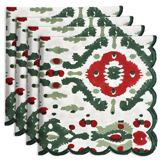 Evergreen Ikat & Red Embroidery Napkins Ridhi Block Print