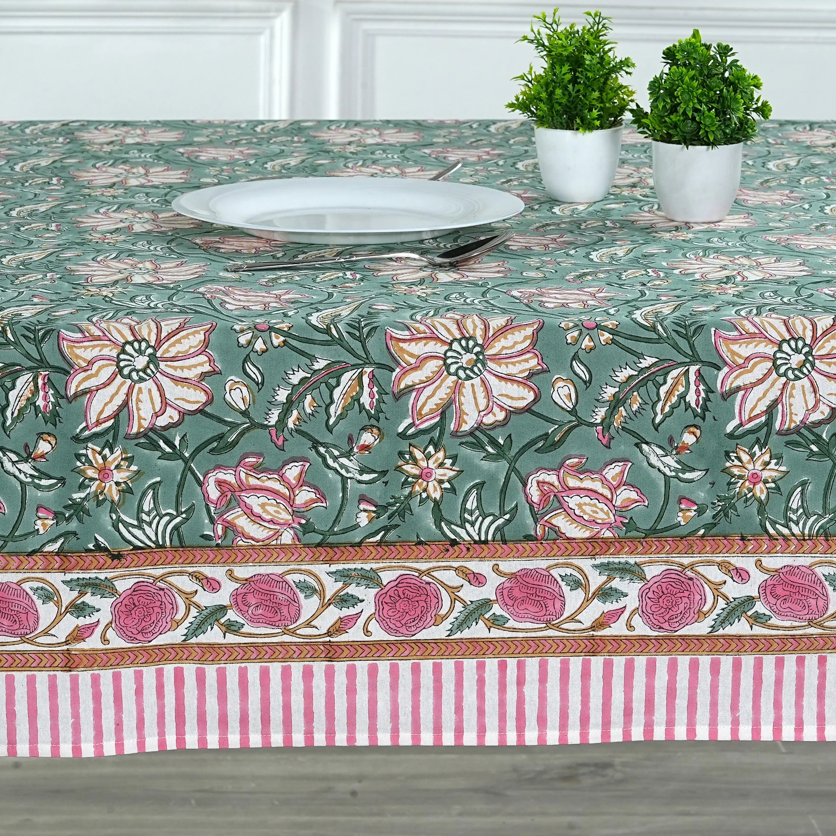 Viridian Green Square Tablecloth - Ridhi Block Print