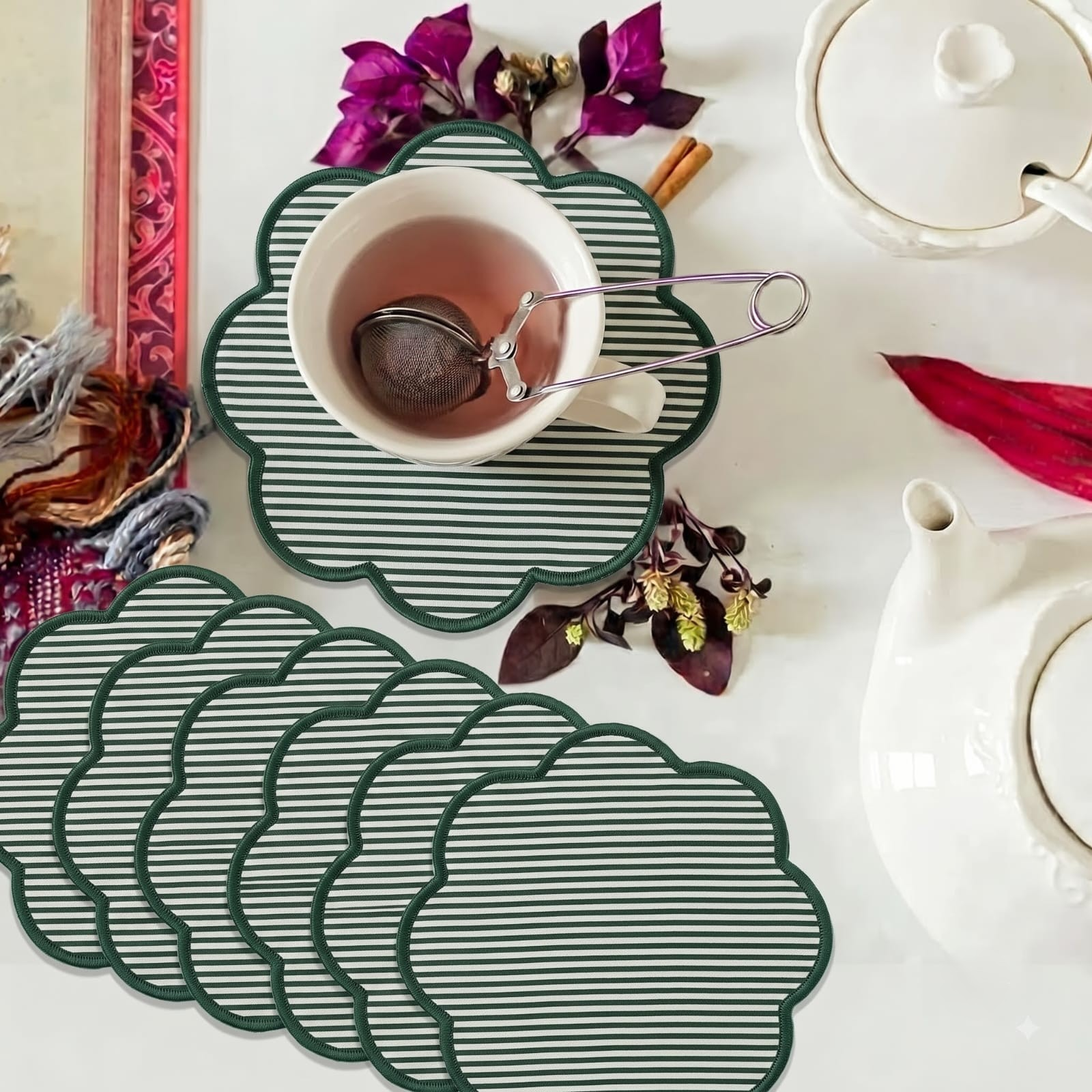 Hand Block Print Cotton Drink Coaster - Forest Green Stripe RIDHI