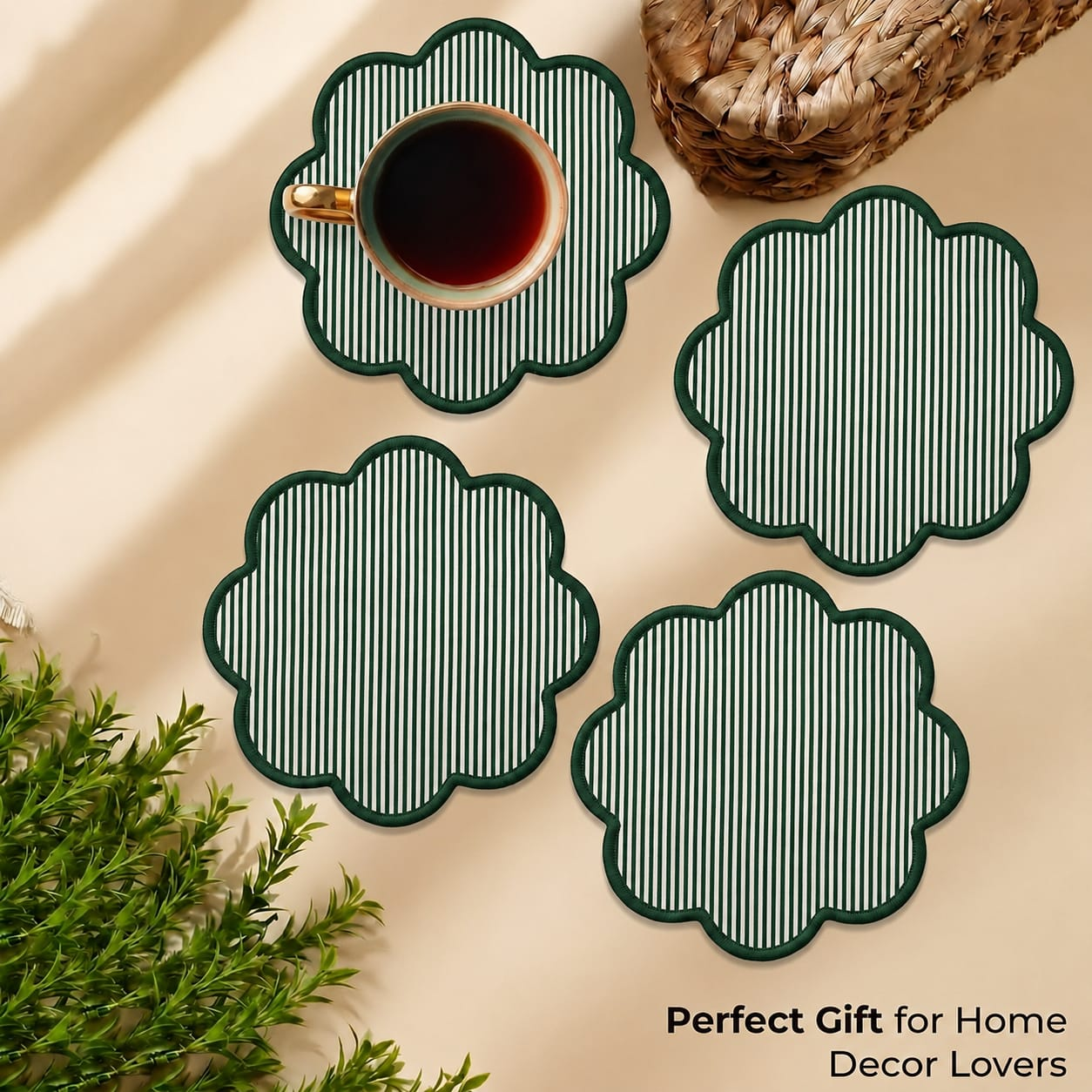 Hand Block Print Cotton Drink Coaster - Forest Green Stripe RIDHI