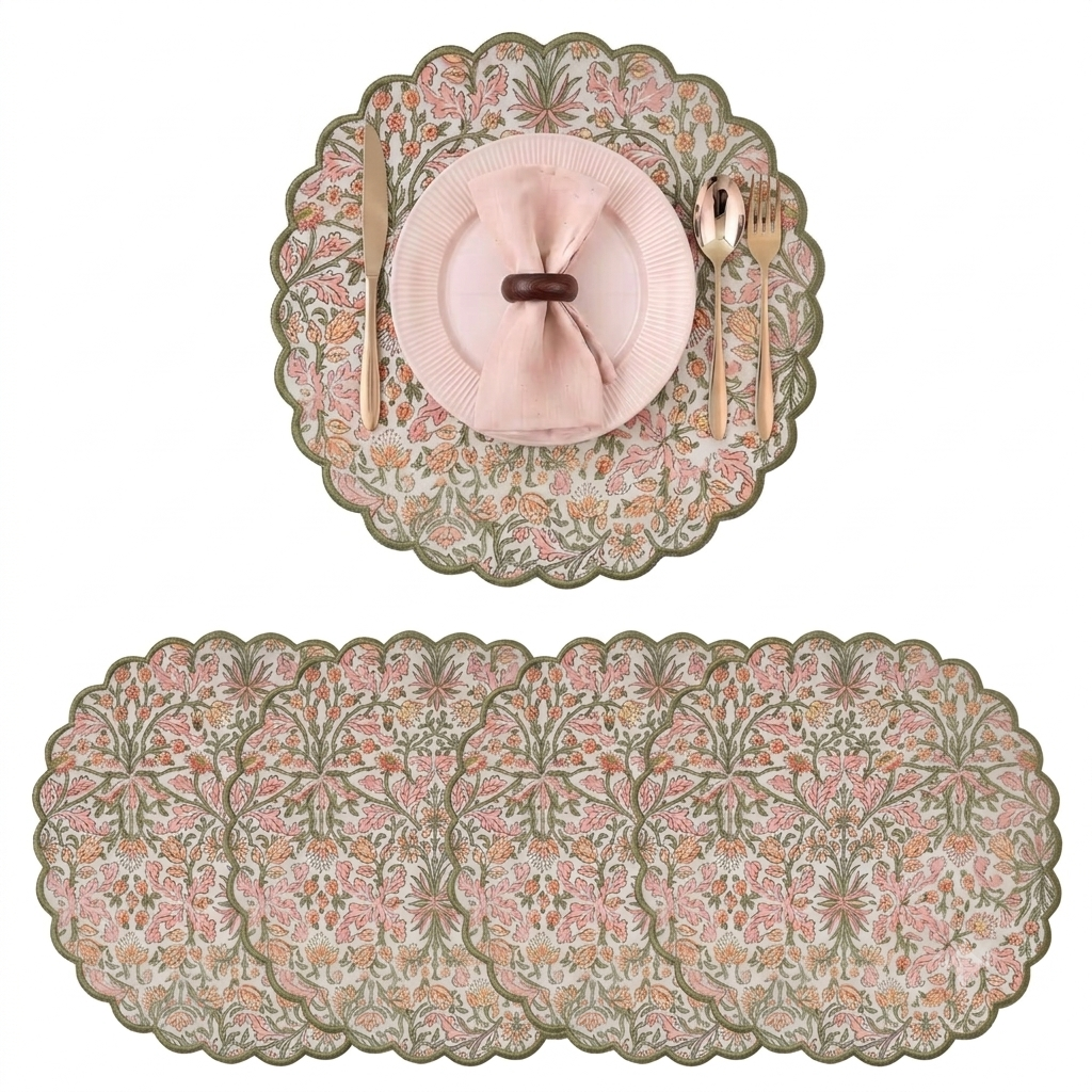 Sassy Salmon Pink Round Placemat Ridhi Block Print