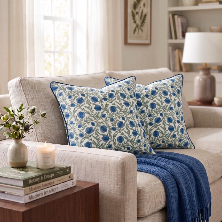 Queen Blue Piping Pillow Cover Ridhi Block Print