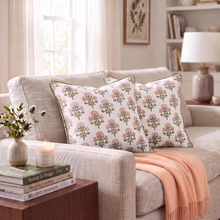 Mughal Buta Peach Piping Pillow Cover Ridhi Block Print