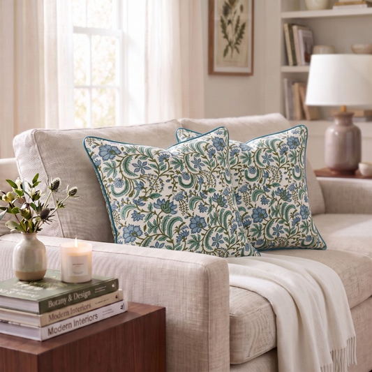 Columbia Blue Piping Pillow Cover Ridhi Block Print