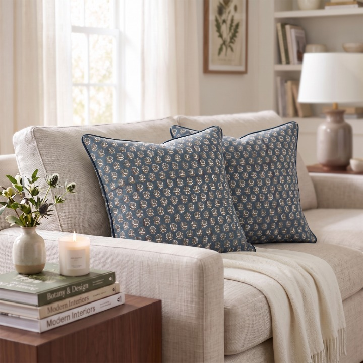 Peacock Blue Piping Pillow Cover Ridhi Block Print