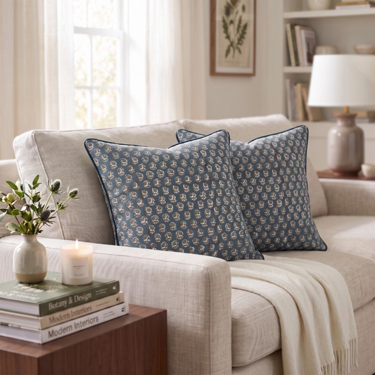 Peacock Blue Piping Pillow Cover Ridhi Block Print