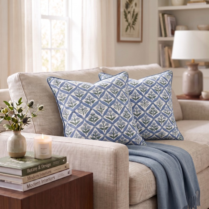 Light Steel Blue Piping Pillow Cover Ridhi Block Print