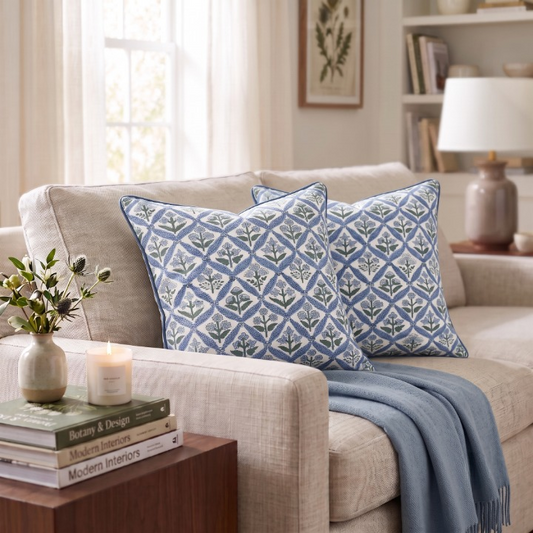 Light Steel Blue Piping Pillow Cover Ridhi Block Print