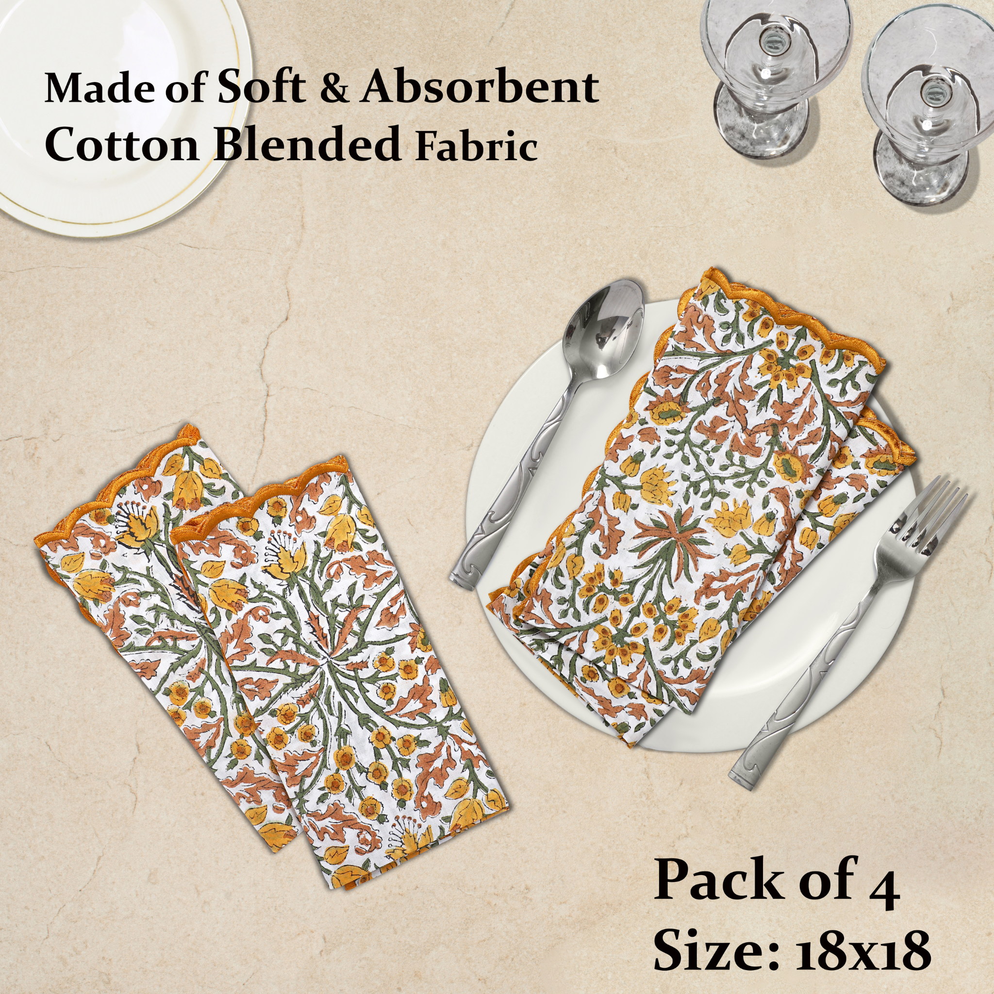 Floral patterned napkins on a beige background with text about material and size.