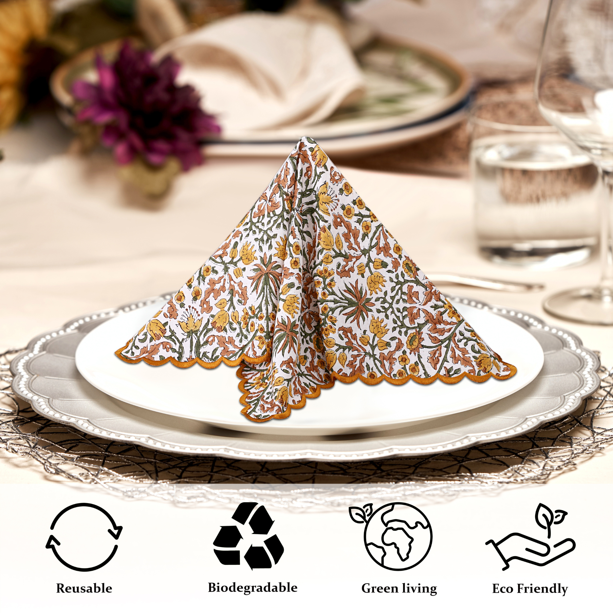 Decorative folded napkin on a plate with eco-friendly icons below