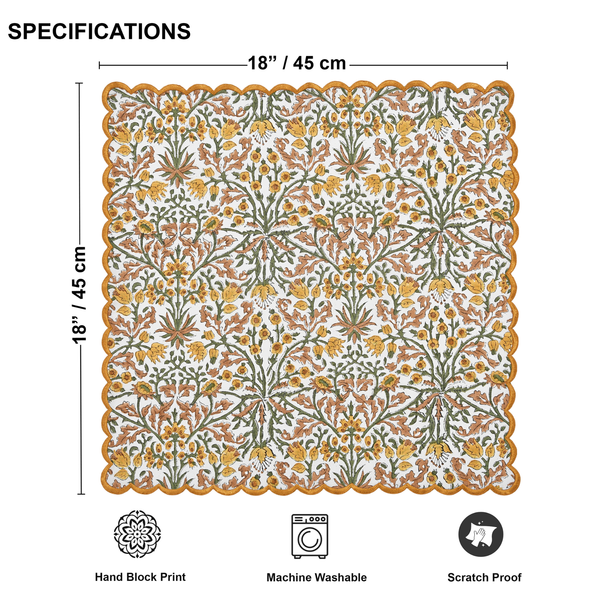 Decorative mat with floral pattern, dimensions, and features on a white background