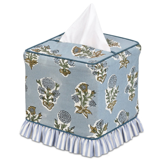 Block Print Ruffle Tissue Box Cover - Harbor Blue RIDHI