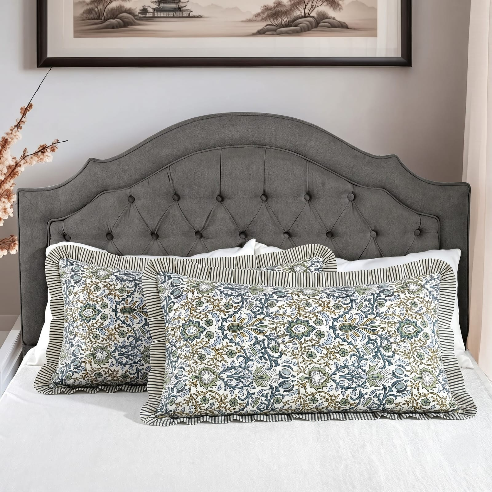 Indigo Floral Bed Pillow Cover Ridhi Block Print