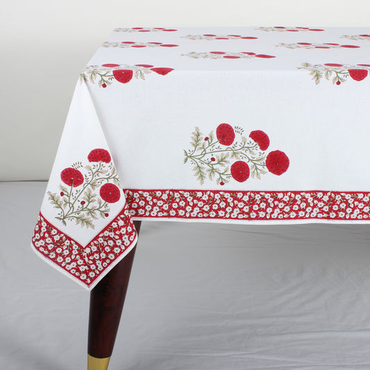 Tablecloth with red floral pattern on a white background