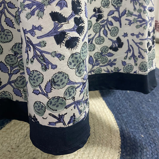 Close-up of fabric with blue and green floral pattern on a white background