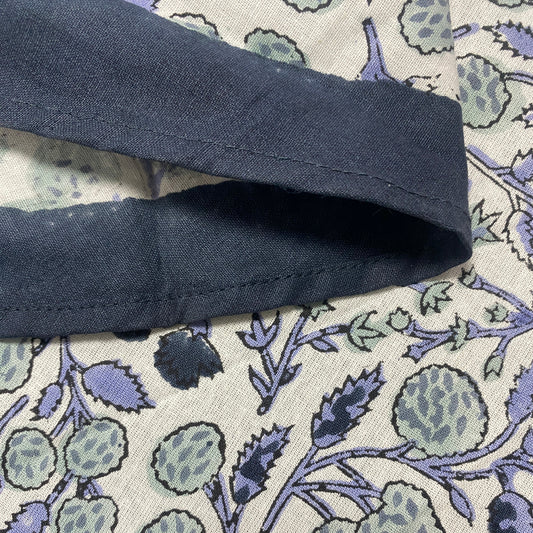 Dark fabric strip on a floral-patterned fabric background